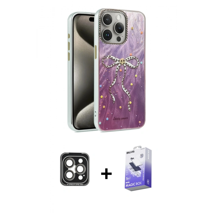 MARSİLYAN™- iPhone 15 Pro Max Kılıf Zirve Modern Prime - Siyah Bilvis 5in1 5D Magic Hayalet Cam Ekran Koruyucu + PVD Metal Kamera Lens - GI