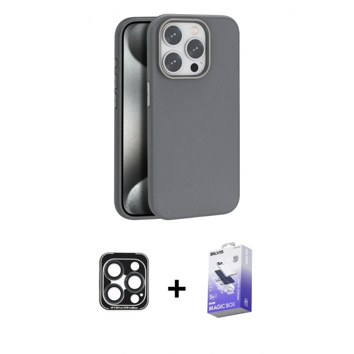 MARSİLYAN™- iPhone 15 Pro Max Kılıf Zirve Modern Prime - Siyah Bilvis 5in1 5D Magic Hayalet Cam Ekran Koruyucu + PVD Metal Kamera Lens - LT