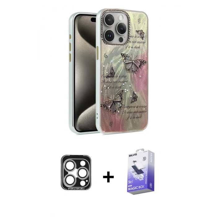 MARSİLYAN™- iPhone 15 Pro Max Kılıf Zirve Modern Prime - Siyah Bilvis 5in1 5D Magic Hayalet Cam Ekran Koruyucu + PVD Metal Kamera Lens - GS