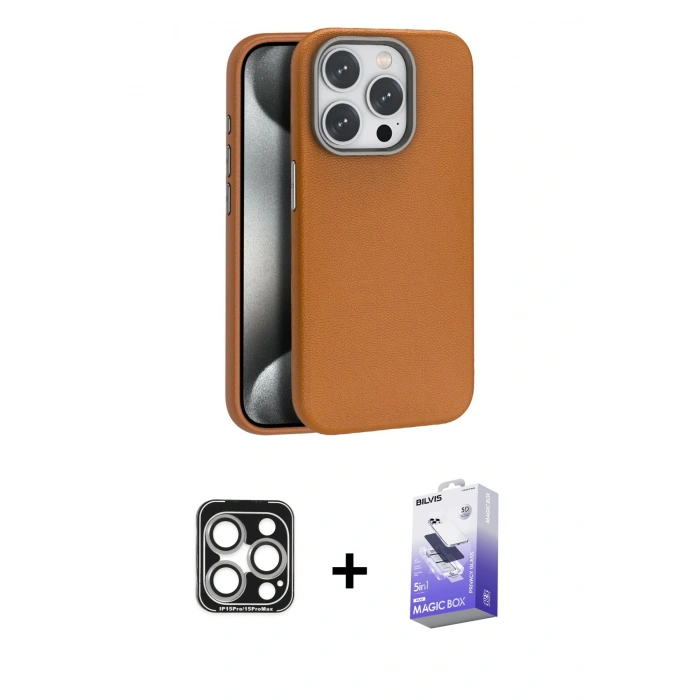 MARSİLYAN™- iPhone 15 Pro Max Kılıf Zirve Modern Prime - Siyah Bilvis 5in1 5D Magic Hayalet Cam Ekran Koruyucu + PVD Metal Kamera Lens - GS