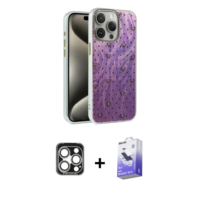 MARSİLYAN™- iPhone 15 Pro Max Kılıf Zirve Modern Prime - Siyah Bilvis 5in1 5D Magic Hayalet Cam Ekran Koruyucu + PVD Metal Kamera Lens - GS