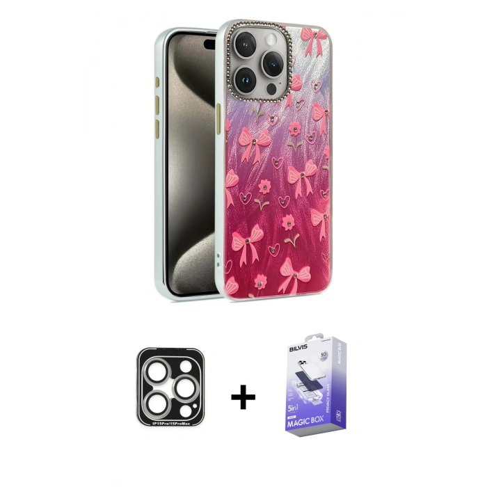 MARSİLYAN™- iPhone 15 Pro Max Kılıf Zirve Modern Prime - Siyah Bilvis 5in1 5D Magic Hayalet Cam Ekran Koruyucu + PVD Metal Kamera Lens - GS