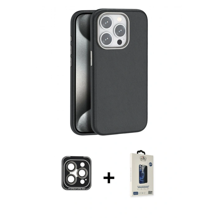 MARSİLYAN™- iPhone 15 Pro Max Kılıf Zirve Modern Prime - Siyah Bilvis Hayalet Cam Ekran Koruyucu + PVD Metal Kamera Lens - GI