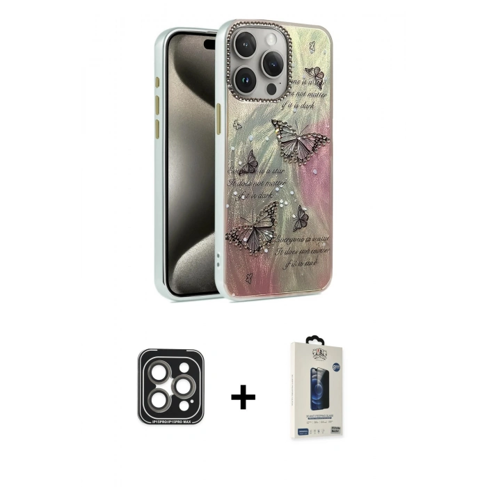 MARSİLYAN™- iPhone 15 Pro Max Kılıf Zirve Modern Prime - Siyah Bilvis Hayalet Cam Ekran Koruyucu + PVD Metal Kamera Lens - GI