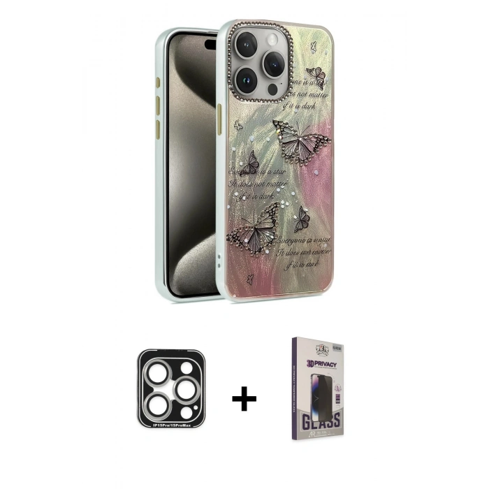 MARSİLYAN™- iPhone 15 Pro Max Kılıf Zirve Modern Prime - Siyah Bilvis Hayalet Cam Ekran Koruyucu + PVD Metal Kamera Lens - GS
