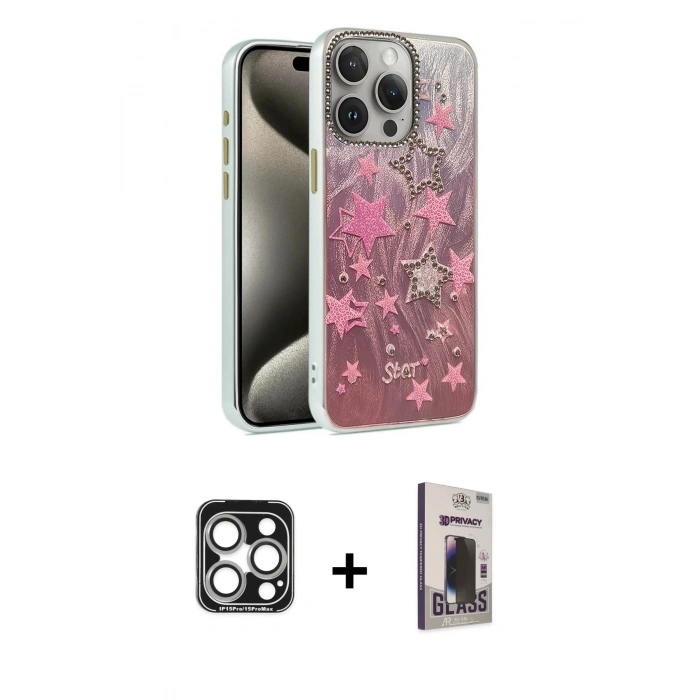 MARSİLYAN™- iPhone 15 Pro Max Kılıf Zirve Modern Prime - Siyah Bilvis Hayalet Cam Ekran Koruyucu + PVD Metal Kamera Lens - GS