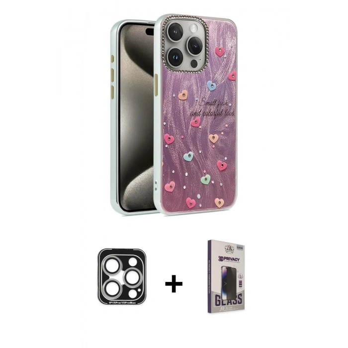 MARSİLYAN™- iPhone 15 Pro Max Kılıf Zirve Modern Prime - Siyah Bilvis Hayalet Cam Ekran Koruyucu + PVD Metal Kamera Lens - GS