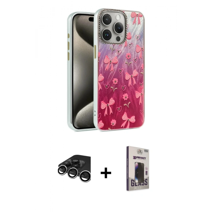 MARSİLYAN™- iPhone 15 Pro Max Kılıf Zirve Modern Prime - Siyah Bilvis Hayalet Cam Ekran Koruyucu + Raze Metal Kamera Lens - GS