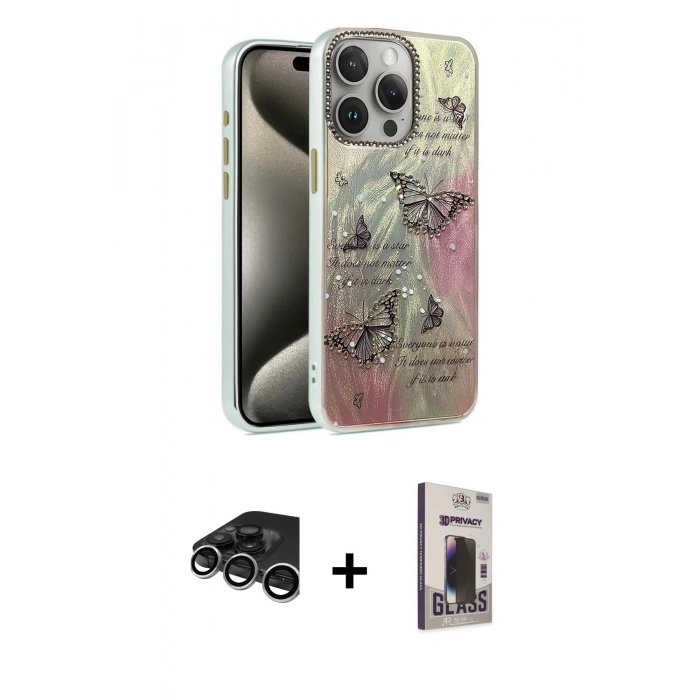 MARSİLYAN™- iPhone 15 Pro Max Kılıf Zirve Modern Prime - Siyah Bilvis Hayalet Cam Ekran Koruyucu + Raze Metal Kamera Lens - GS