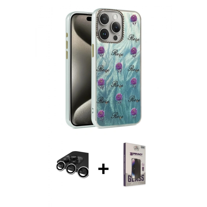 MARSİLYAN™- iPhone 15 Pro Max Kılıf Zirve Modern Prime - Siyah Bilvis Hayalet Cam Ekran Koruyucu + Raze Metal Kamera Lens - GS