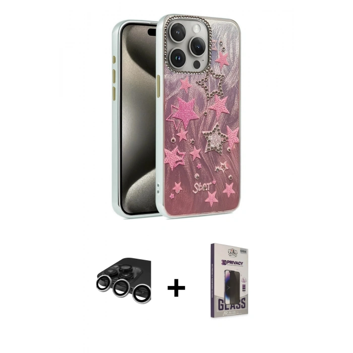 MARSİLYAN™- iPhone 15 Pro Max Kılıf Zirve Modern Prime - Siyah Bilvis Hayalet Cam Ekran Koruyucu + Raze Metal Kamera Lens - GS