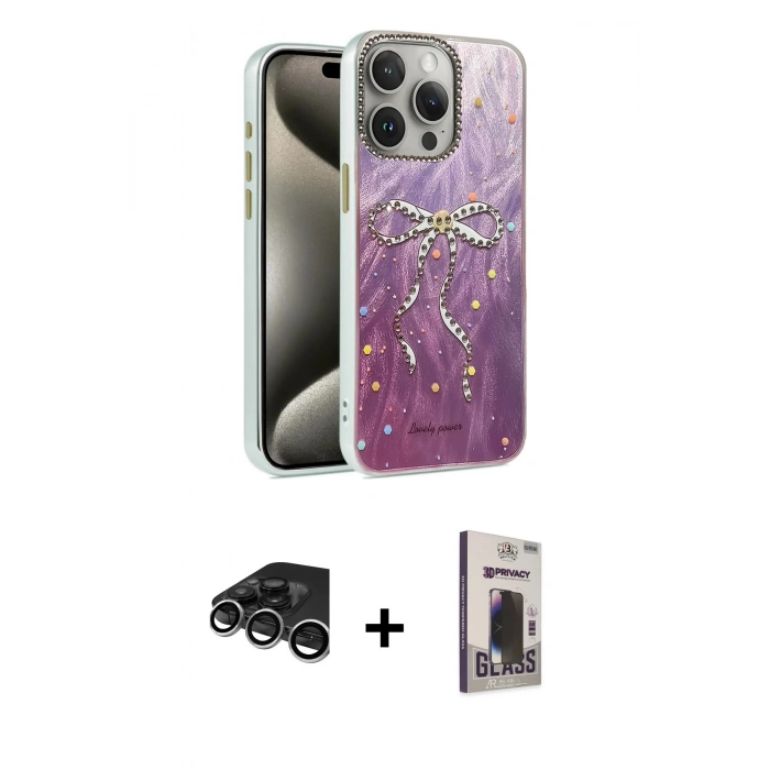 MARSİLYAN™- iPhone 15 Pro Max Kılıf Zirve Modern Prime - Siyah Bilvis Hayalet Cam Ekran Koruyucu + Raze Metal Kamera Lens - GS