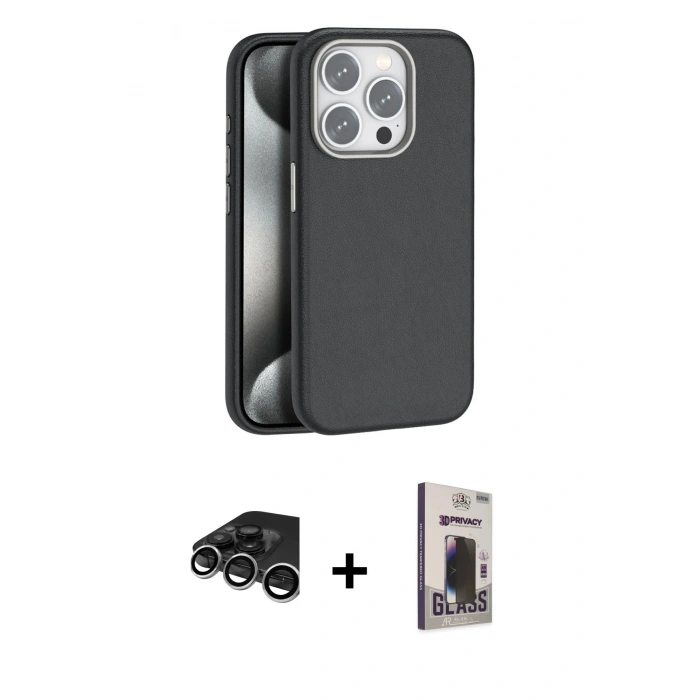 MARSİLYAN™- iPhone 15 Pro Max Kılıf Zirve Modern Prime - Siyah Bilvis Hayalet Cam Ekran Koruyucu + Raze Metal Kamera Lens - GS