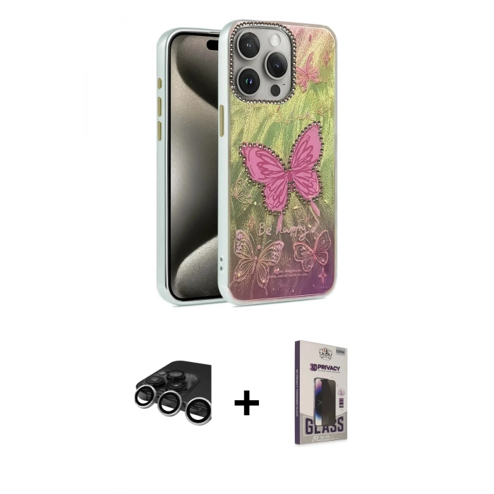 MARSİLYAN™- iPhone 15 Pro Max Kılıf Zirve Modern Prime - Siyah Bilvis Hayalet Cam Ekran Koruyucu + Raze Metal Kamera Lens - GS