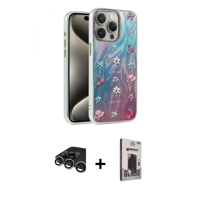 MARSİLYAN™- iPhone 15 Pro Max Kılıf Zirve Modern Prime - Siyah Bilvis Hayalet Cam Ekran Koruyucu + Raze Metal Kamera Lens - GS