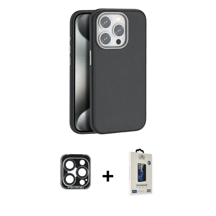 MARSİLYAN™- iPhone 15 Pro Max Kılıf Zirve Modern Prime - Siyah Bilvis Hayalet Cam Ekran Koruyucu + PVD Metal Kamera Lens - LT