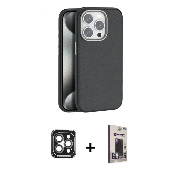 MARSİLYAN™- iPhone 15 Pro Max Kılıf Zirve Modern Prime - Siyah Bilvis Hayalet Cam Ekran Koruyucu + PVD Metal Kamera Lens - GI
