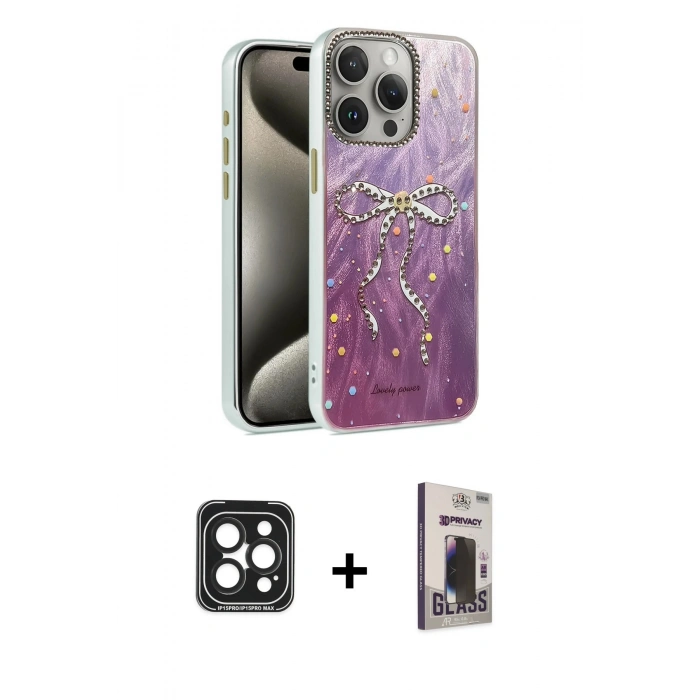 MARSİLYAN™- iPhone 15 Pro Max Kılıf Zirve Modern Prime - Siyah Bilvis Hayalet Cam Ekran Koruyucu + PVD Metal Kamera Lens - SH