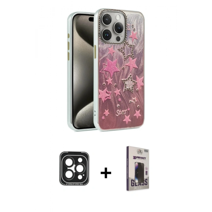 MARSİLYAN™- iPhone 15 Pro Max Kılıf Zirve Modern Prime - Siyah Bilvis Hayalet Cam Ekran Koruyucu + PVD Metal Kamera Lens - SH