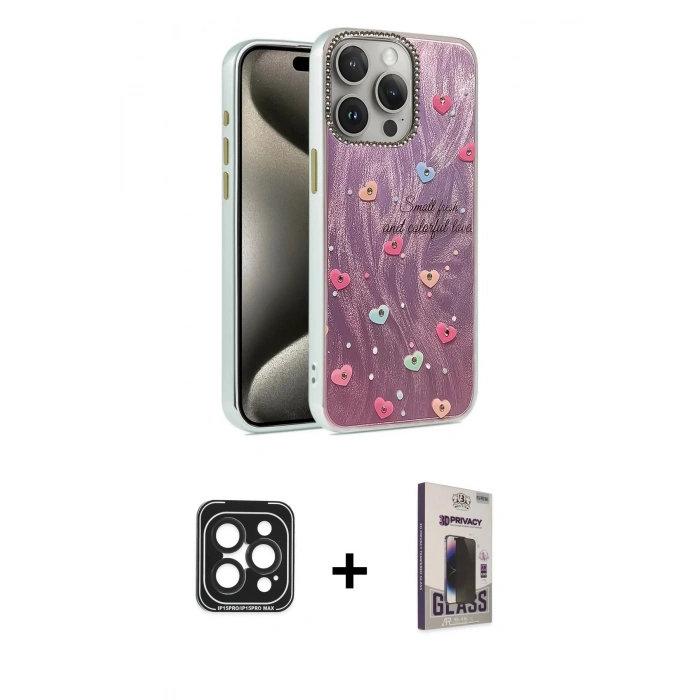 MARSİLYAN™- iPhone 15 Pro Max Kılıf Zirve Modern Prime - Siyah Bilvis Hayalet Cam Ekran Koruyucu + PVD Metal Kamera Lens - SH