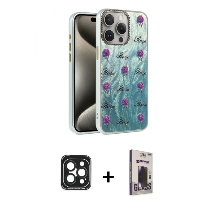 MARSİLYAN™- iPhone 15 Pro Max Kılıf Zirve Modern Prime - Siyah Bilvis Hayalet Cam Ekran Koruyucu + PVD Metal Kamera Lens - SH