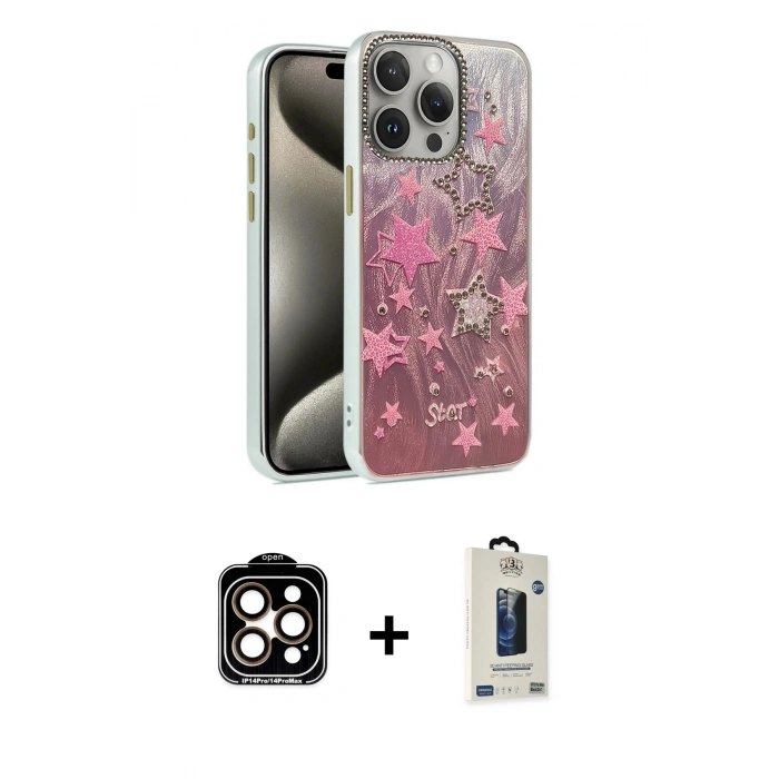 MARSİLYAN™- iPhone 15 Pro Max Kılıf Zirve Modern Prime - Siyah Bilvis Hayalet Cam Ekran Koruyucu + PVD Metal Kamera Lens - TU