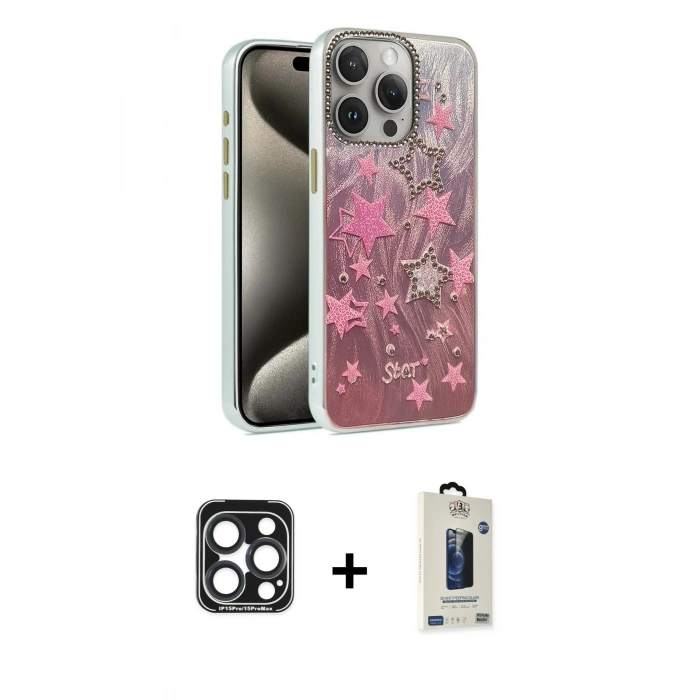 MARSİLYAN™- iPhone 15 Pro Max Kılıf Zirve Modern Prime - Siyah Bilvis Hayalet Cam Ekran Koruyucu + PVD Metal Kamera Lens - LT