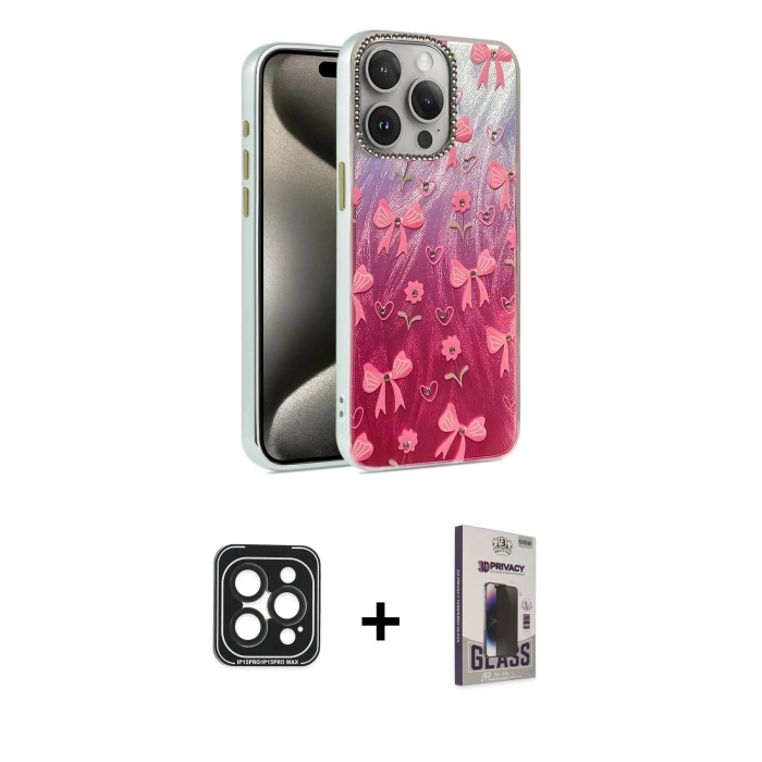 MARSİLYAN™- iPhone 15 Pro Max Kılıf Zirve Modern Prime - Siyah Bilvis Hayalet Cam Ekran Koruyucu + PVD Metal Kamera Lens - SH