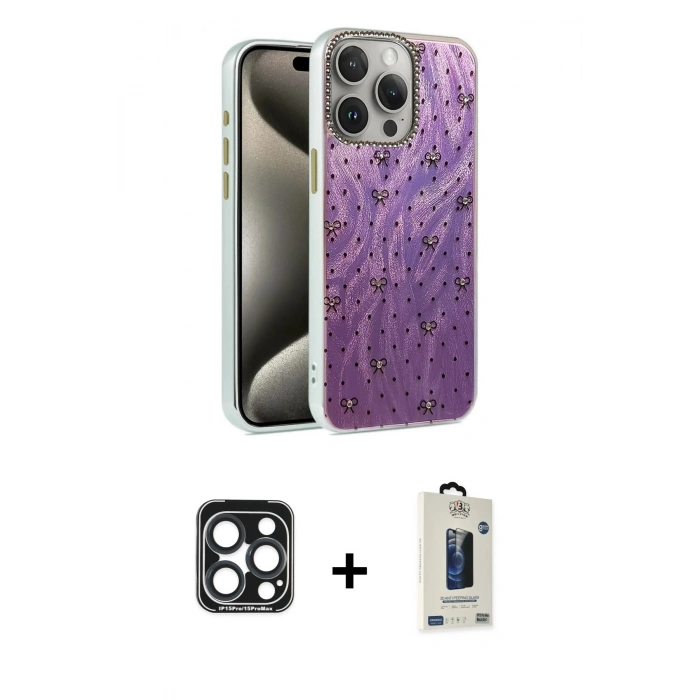 MARSİLYAN™- iPhone 15 Pro Max Kılıf Zirve Modern Prime - Siyah Bilvis Hayalet Cam Ekran Koruyucu + PVD Metal Kamera Lens - LT
