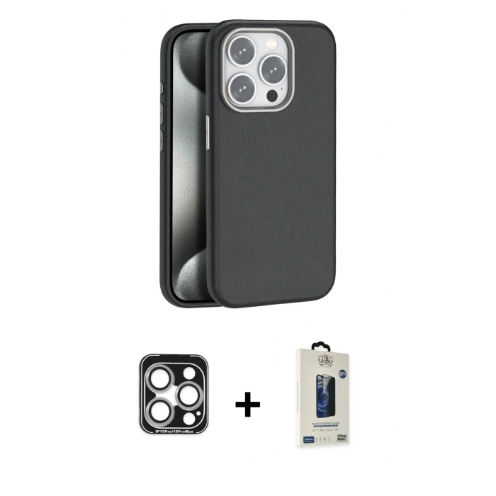 MARSİLYAN™- iPhone 15 Pro Max Kılıf Zirve Modern Prime - Siyah Bilvis Hayalet Cam Ekran Koruyucu + PVD Metal Kamera Lens - GS