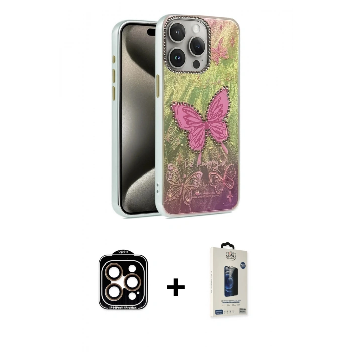 MARSİLYAN™- iPhone 15 Pro Max Kılıf Zirve Modern Prime - Siyah Bilvis Hayalet Cam Ekran Koruyucu + PVD Metal Kamera Lens - TU