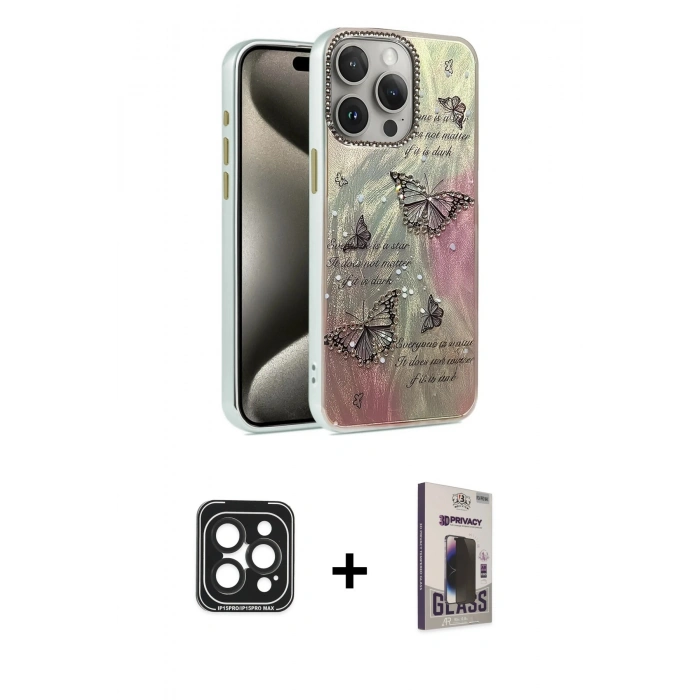 MARSİLYAN™- iPhone 15 Pro Max Kılıf Zirve Modern Prime - Siyah Bilvis Hayalet Cam Ekran Koruyucu + PVD Metal Kamera Lens - SH