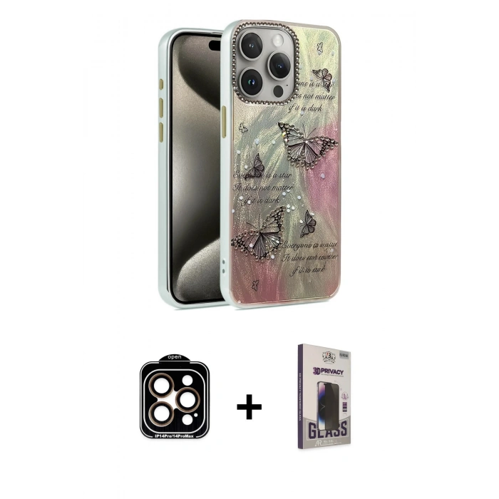 MARSİLYAN™- iPhone 15 Pro Max Kılıf Zirve Modern Prime - Siyah Bilvis Hayalet Cam Ekran Koruyucu + PVD Metal Kamera Lens - TU