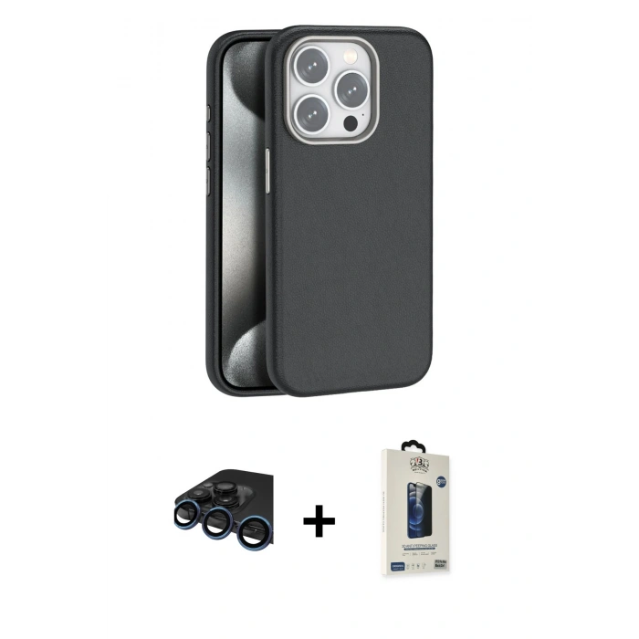 MARSİLYAN™- iPhone 15 Pro Max Kılıf Zirve Modern Prime - Siyah Bilvis Hayalet Cam Ekran Koruyucu + Raze Metal Kamera Lens - LT