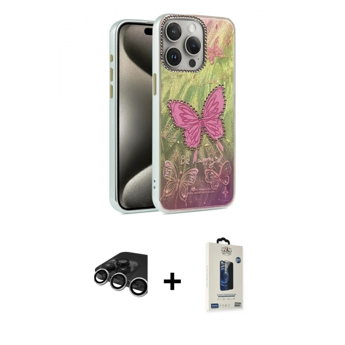 MARSİLYAN™- iPhone 15 Pro Max Kılıf Zirve Modern Prime - Siyah Bilvis Hayalet Cam Ekran Koruyucu + Raze Metal Kamera Lens - GS