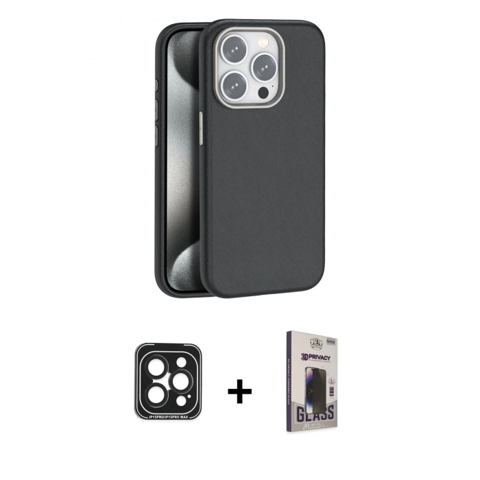 MARSİLYAN™- iPhone 15 Pro Max Kılıf Zirve Modern Prime - Siyah Bilvis Hayalet Cam Ekran Koruyucu + PVD Metal Kamera Lens - SH