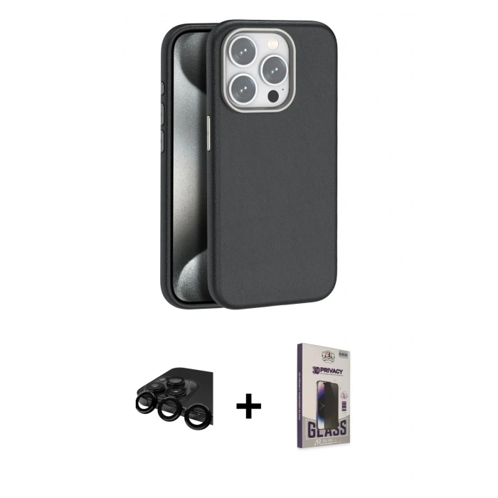 MARSİLYAN™- iPhone 15 Pro Max Kılıf Zirve Modern Prime - Siyah Bilvis Hayalet Cam Ekran Koruyucu + Raze Metal Kamera Lens - SH
