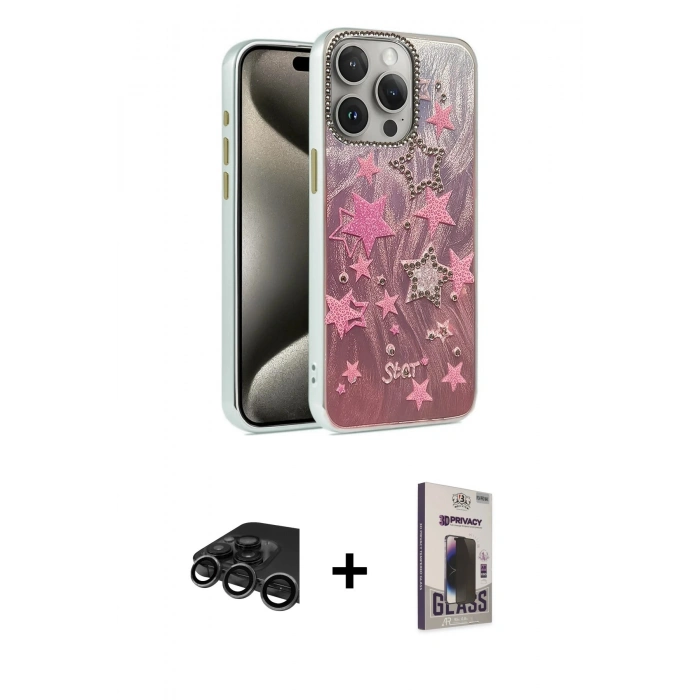 MARSİLYAN™- iPhone 15 Pro Max Kılıf Zirve Modern Prime - Siyah Bilvis Hayalet Cam Ekran Koruyucu + Raze Metal Kamera Lens - TMGI
