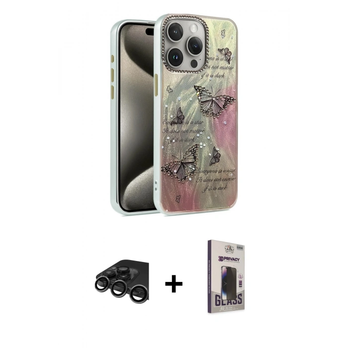 MARSİLYAN™- iPhone 15 Pro Max Kılıf Zirve Modern Prime - Siyah Bilvis Hayalet Cam Ekran Koruyucu + Raze Metal Kamera Lens - TMGI