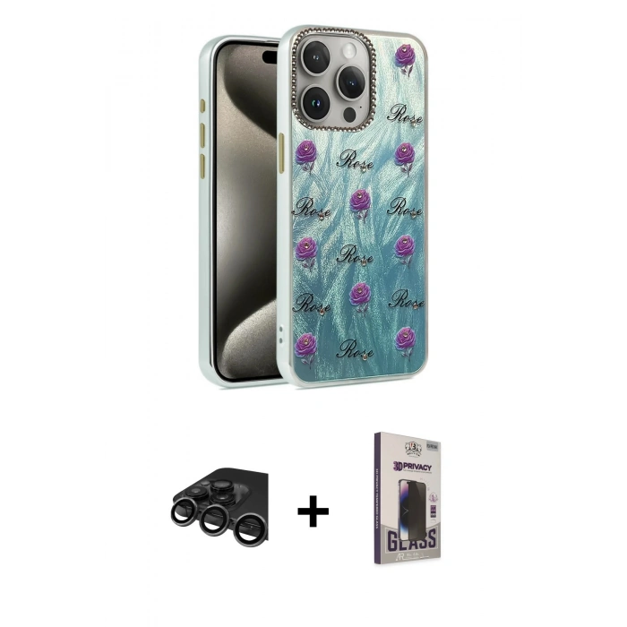MARSİLYAN™- iPhone 15 Pro Max Kılıf Zirve Modern Prime - Siyah Bilvis Hayalet Cam Ekran Koruyucu + Raze Metal Kamera Lens - TMGI