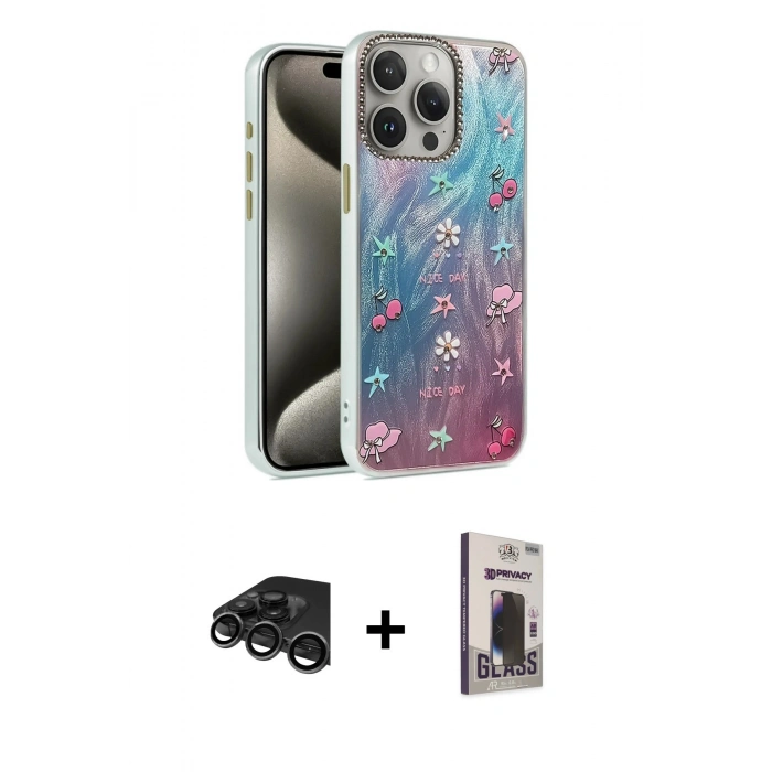 MARSİLYAN™- iPhone 15 Pro Max Kılıf Zirve Modern Prime - Siyah Bilvis Hayalet Cam Ekran Koruyucu + Raze Metal Kamera Lens - TMGI