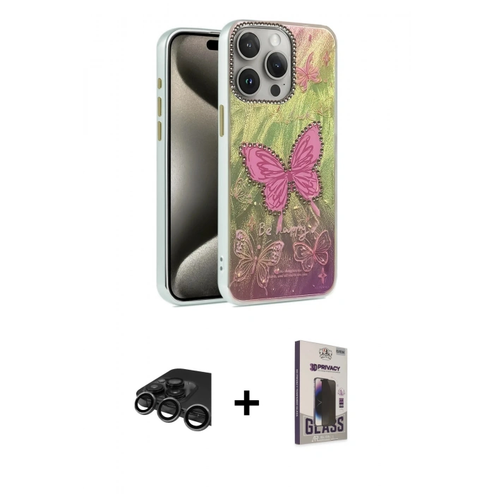 MARSİLYAN™- iPhone 15 Pro Max Kılıf Zirve Modern Prime - Siyah Bilvis Hayalet Cam Ekran Koruyucu + Raze Metal Kamera Lens - TMGI