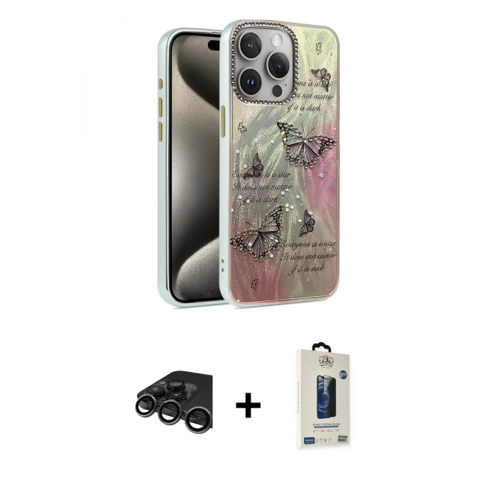 MARSİLYAN™- iPhone 15 Pro Max Kılıf Zirve Modern Prime - Siyah Bilvis Hayalet Cam Ekran Koruyucu + Raze Metal Kamera Lens - TMGI