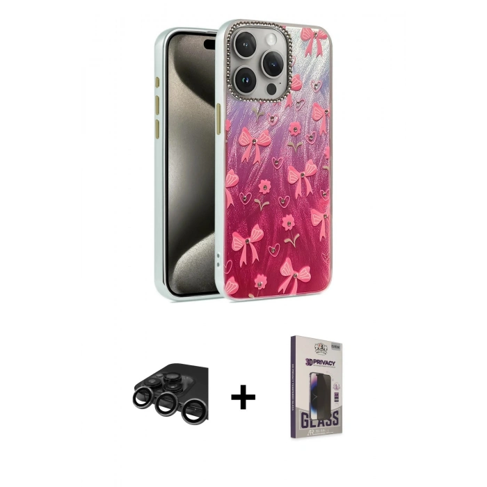 MARSİLYAN™- iPhone 15 Pro Max Kılıf Zirve Modern Prime - Siyah Bilvis Hayalet Cam Ekran Koruyucu + Raze Metal Kamera Lens - TMGI