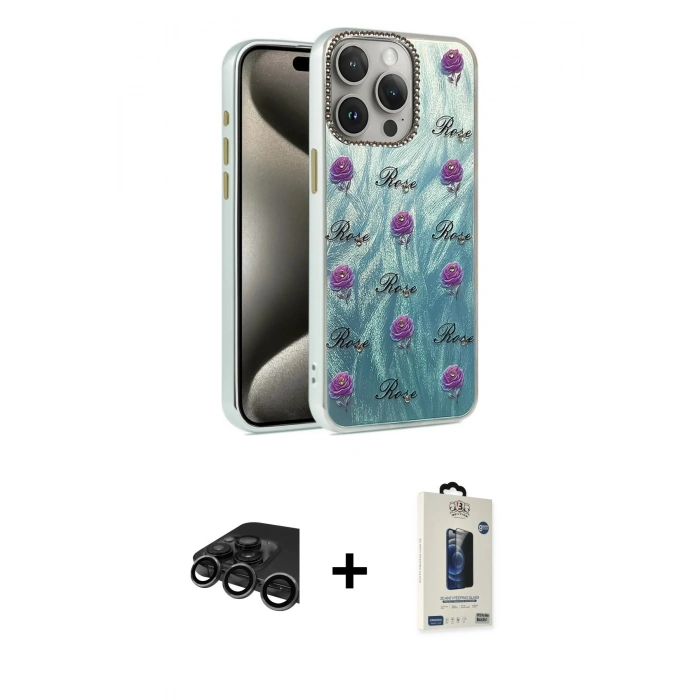 MARSİLYAN™- iPhone 15 Pro Max Kılıf Zirve Modern Prime - Siyah Bilvis Hayalet Cam Ekran Koruyucu + Raze Metal Kamera Lens - TMGI