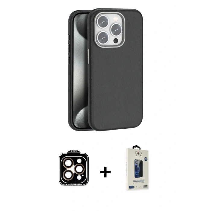 MARSİLYAN™- iPhone 15 Pro Max Kılıf Zirve Modern Prime - Siyah Bilvis Hayalet Cam Ekran Koruyucu + PVD Metal Kamera Lens - TU