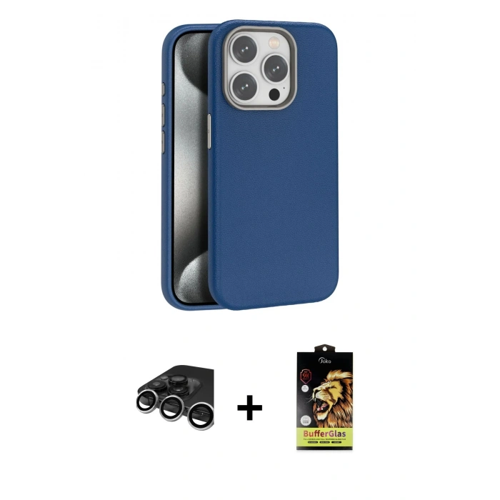 MARSİLYAN™- iPhone 15 Pro Max Kılıf Zirve Modern Prime - Siyah Buffer Cam Ekran Koruyucu + Gümüş Raze Metal Kamera Lens