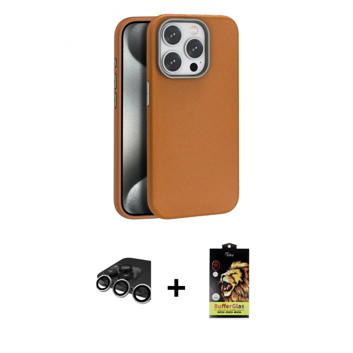 MARSİLYAN™- iPhone 15 Pro Max Kılıf Zirve Modern Prime - Siyah Buffer Cam Ekran Koruyucu + Gümüş Raze Metal Kamera Lens