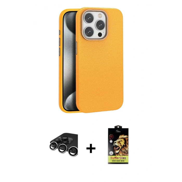 MARSİLYAN™- iPhone 15 Pro Max Kılıf Zirve Modern Prime - Siyah Buffer Cam Ekran Koruyucu + Gümüş Raze Metal Kamera Lens