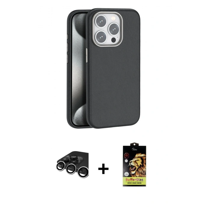 MARSİLYAN™- iPhone 15 Pro Max Kılıf Zirve Modern Prime - Siyah Buffer Cam Ekran Koruyucu + Gümüş Raze Metal Kamera Lens